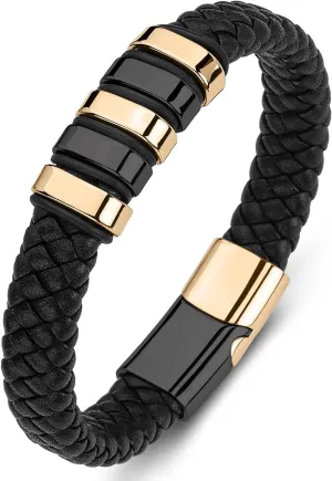 Leather Bracelet for Men Braided Cuff Wristband Stainless Steel Clasp in Silver and Gold Jewellery Gift