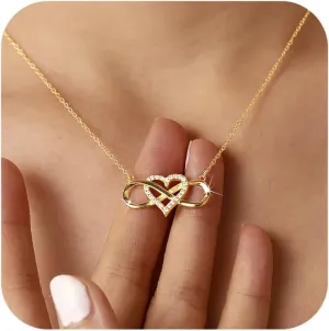LOVECOM 925 Sterling Silver Infinity Heart Necklace for Women Mother Daughter 14K Gold Plated Cubic Zirconia Forever Love Heart Pendant Necklace Jewelry Christmas Gifts for Mom Friends