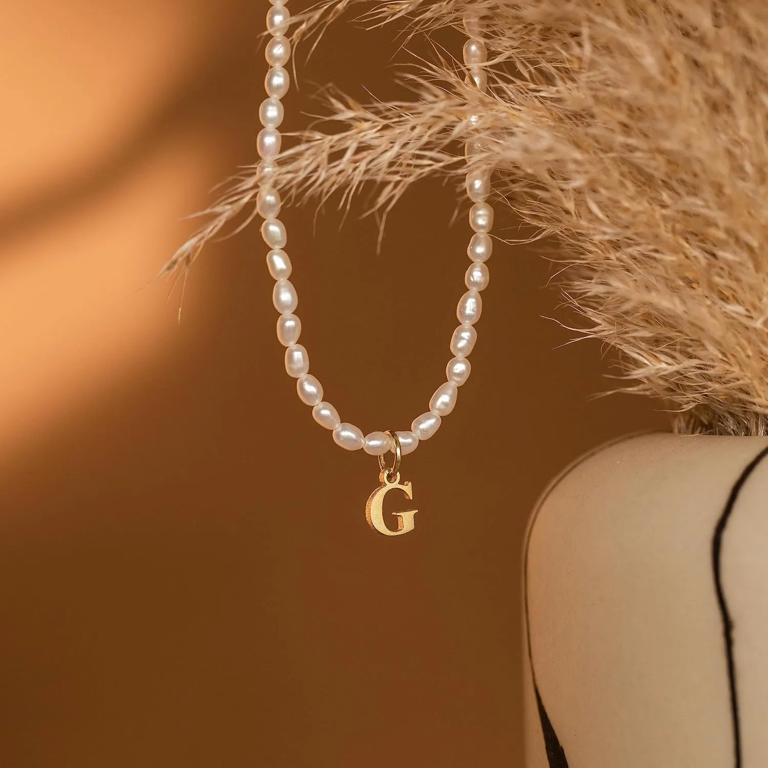 LUCA SMITH Initial Freshwater Pearl Choker Necklace for Women, 14K Gold Plated Baroque Dainty Pearl Choker Necklace with Initial PendantGift for Her Girlfriend Mother Teacher Sister