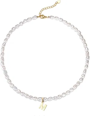 LUCA SMITH Initial Freshwater Pearl Choker Necklace for Women, 14K Gold Plated Baroque Dainty Pearl Choker Necklace with Initial PendantGift for Her Girlfriend Mother Teacher Sister
