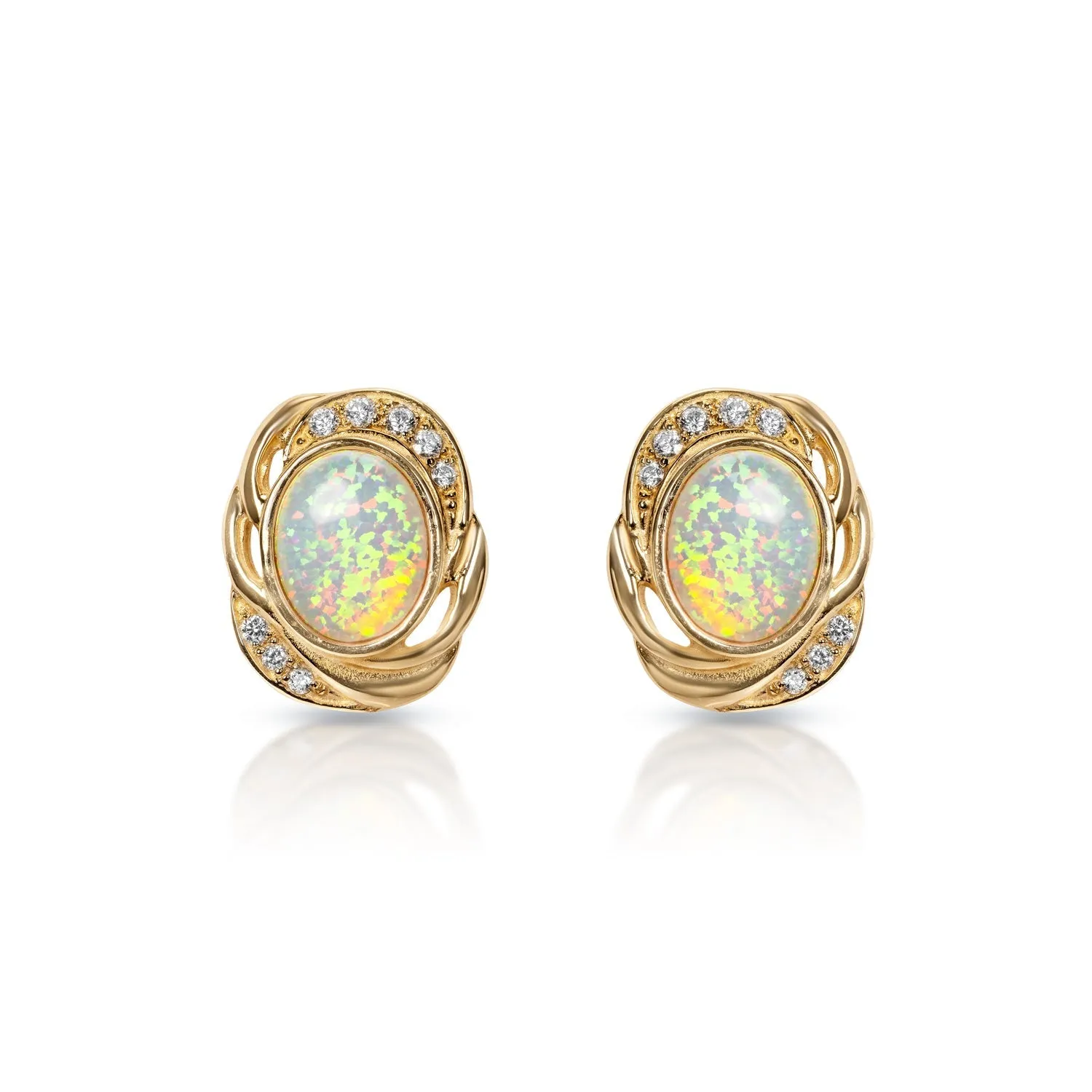 Mary 0.25 Carats 16 Diamonds Round Oval Opal bottom Earrings in 14k Yellow Gold