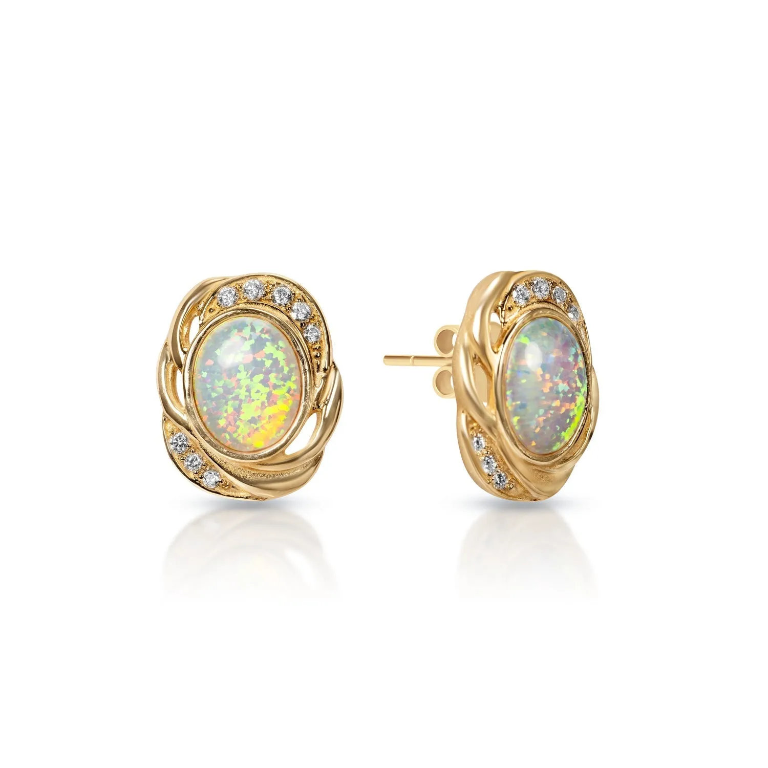 Mary 0.25 Carats 16 Diamonds Round Oval Opal bottom Earrings in 14k Yellow Gold