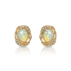 Mary 0.25 Carats 16 Diamonds Round Oval Opal bottom Earrings in 14k Yellow Gold