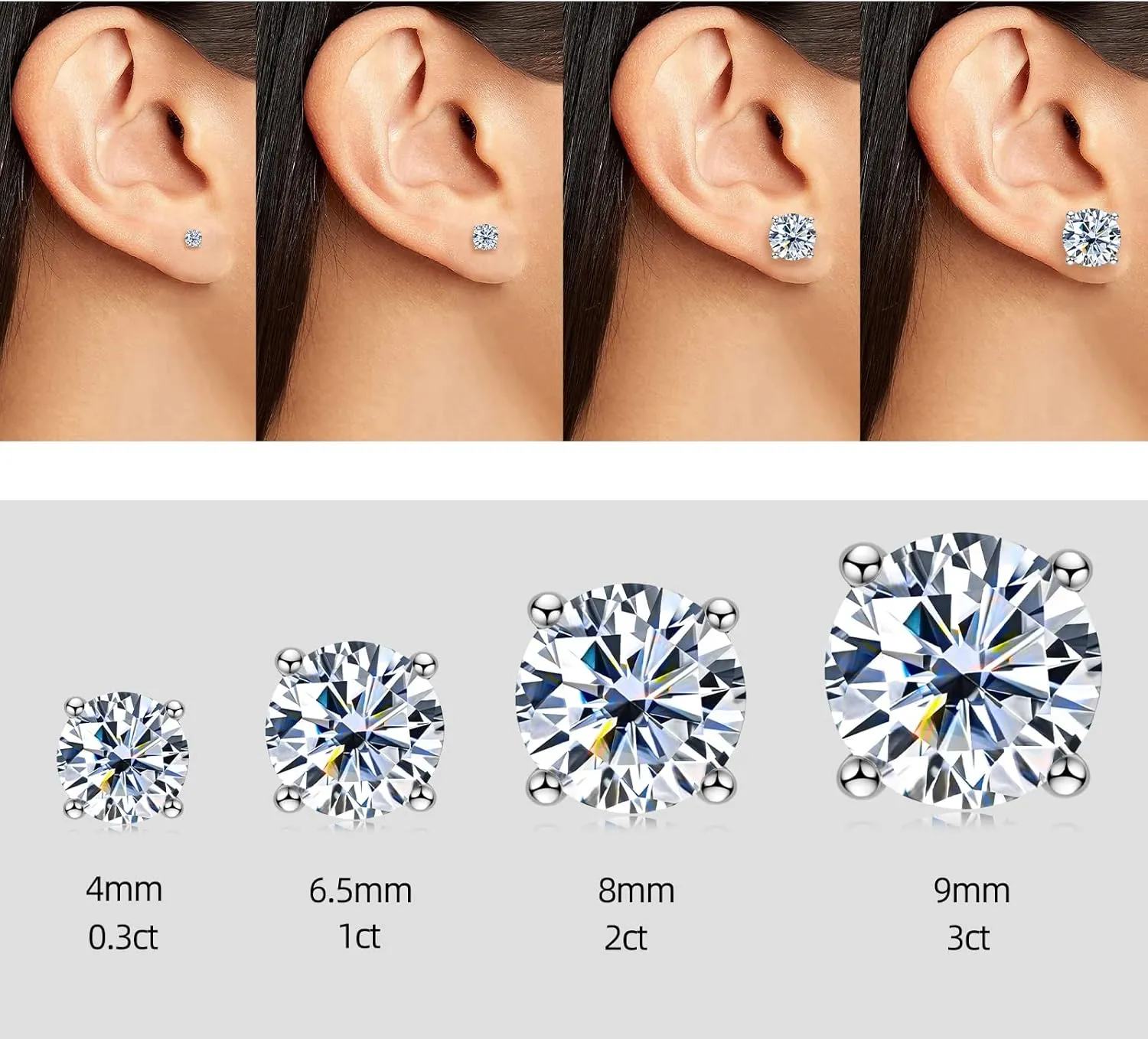 Moissanite Earrings for Women, 925 Sterling Silver Stud Earrings, 1ct-3ct D-E Color VVS1 Moissanite Earrings for Sensitive Ears Hypoallergenic Christmas Gifts