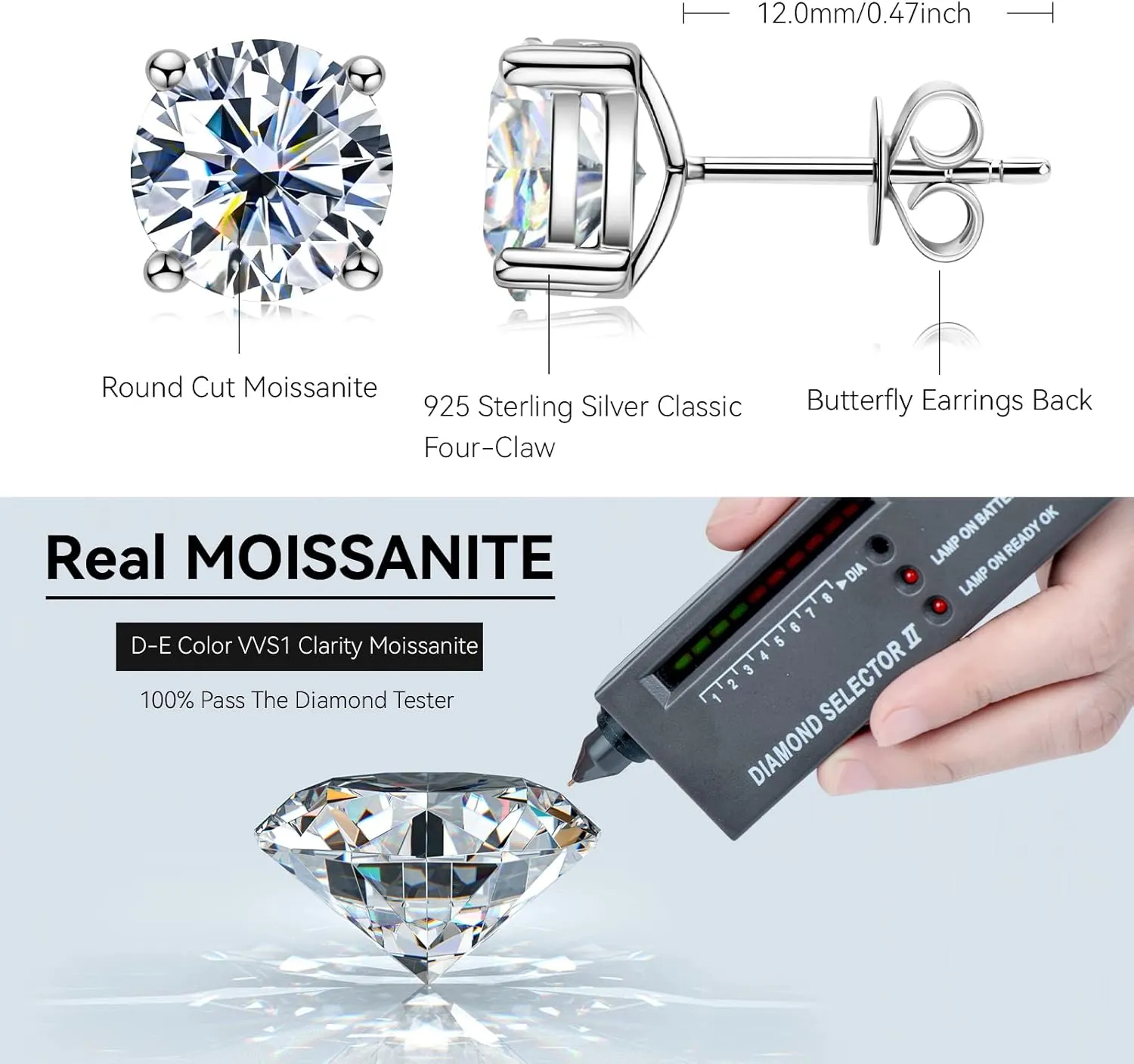 Moissanite Earrings for Women, 925 Sterling Silver Stud Earrings, 1ct-3ct D-E Color VVS1 Moissanite Earrings for Sensitive Ears Hypoallergenic Christmas Gifts