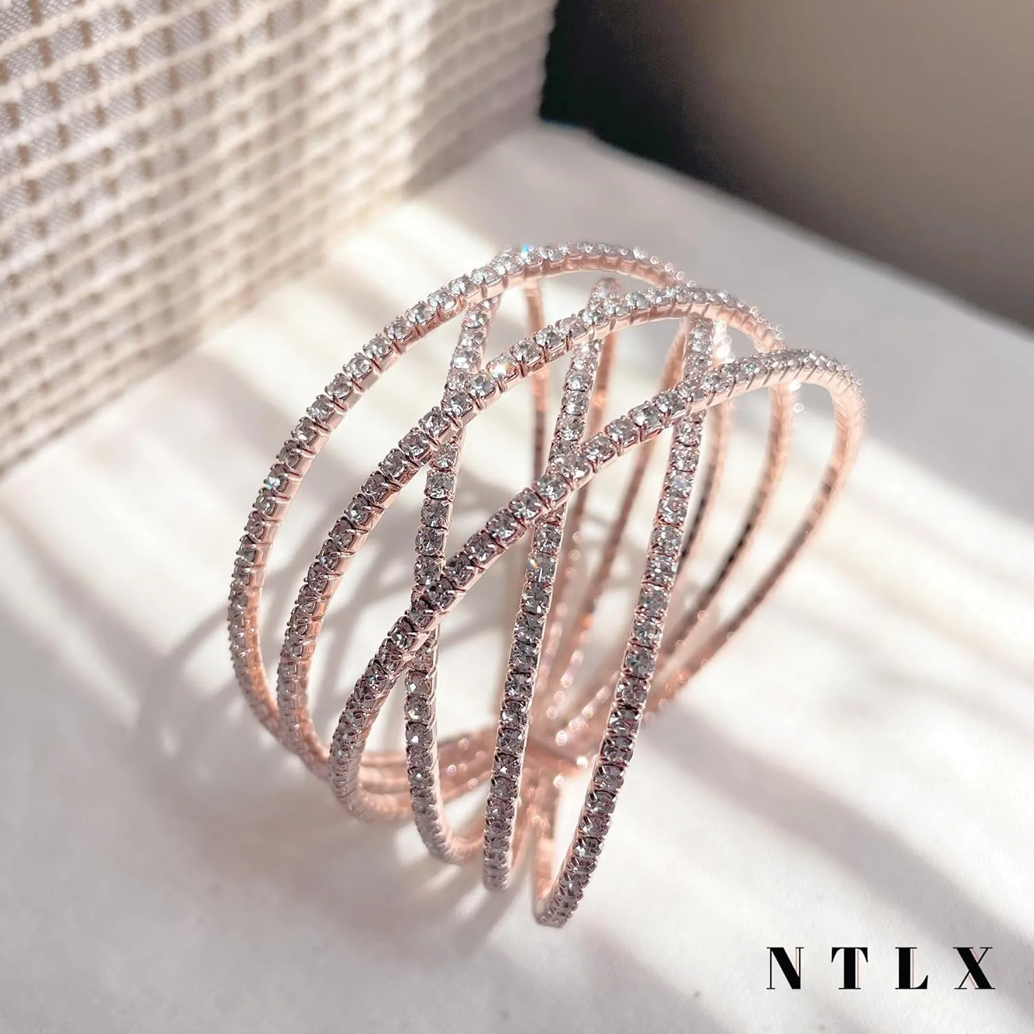 NTLX Crystal Bracelet for Women  Rhinestone Cuff Bracelet  Silver & Gold Plated - Flexible & Adjustable  Multiple X Shape Cross Geometric Negative Space - Bridal, Wedding, Prom, Party, Pageant, Evening, Casual, Bracelet - with Gift Box