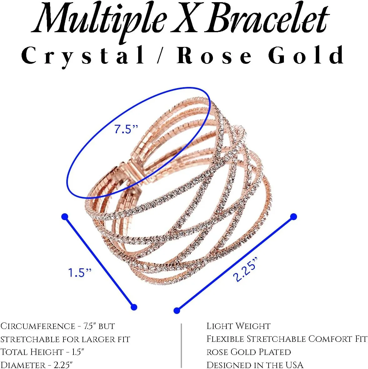 NTLX Crystal Bracelet for Women  Rhinestone Cuff Bracelet  Silver & Gold Plated - Flexible & Adjustable  Multiple X Shape Cross Geometric Negative Space - Bridal, Wedding, Prom, Party, Pageant, Evening, Casual, Bracelet - with Gift Box