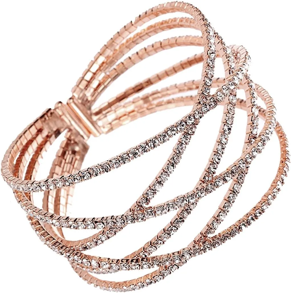 NTLX Crystal Bracelet for Women  Rhinestone Cuff Bracelet  Silver & Gold Plated - Flexible & Adjustable  Multiple X Shape Cross Geometric Negative Space - Bridal, Wedding, Prom, Party, Pageant, Evening, Casual, Bracelet - with Gift Box