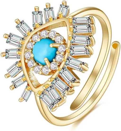 Obidos Evil Eye Rings for Women 14K Gold Plated Adjustable Cubic Zirconia Evil Eye Signet Ring Mother Day Jewelry Protection Lucky Gift