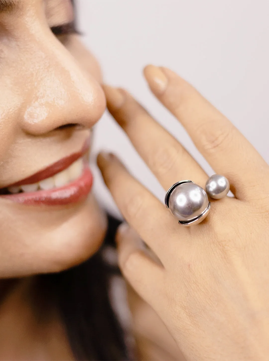 Ornaio Two Ball Silver Statement Geometric Ring
