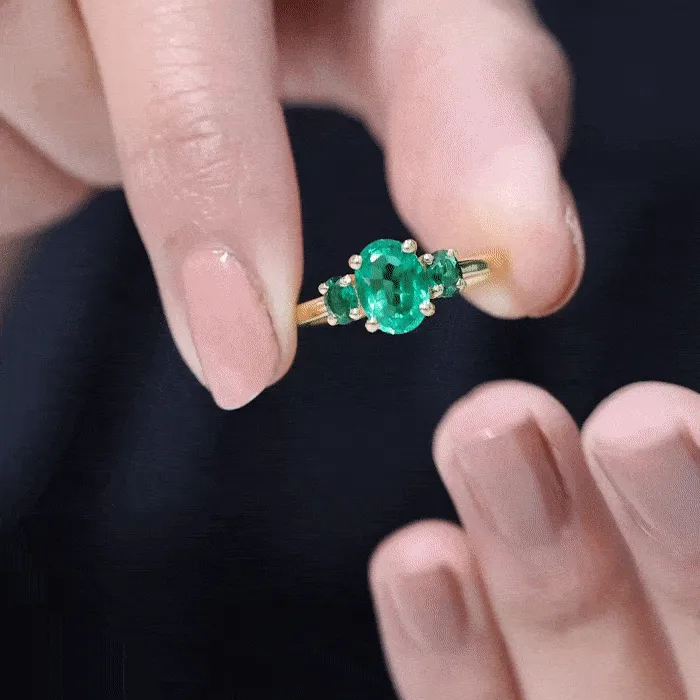 Oval Shape Lab Grown Emerald Three Stone Engagement Ring