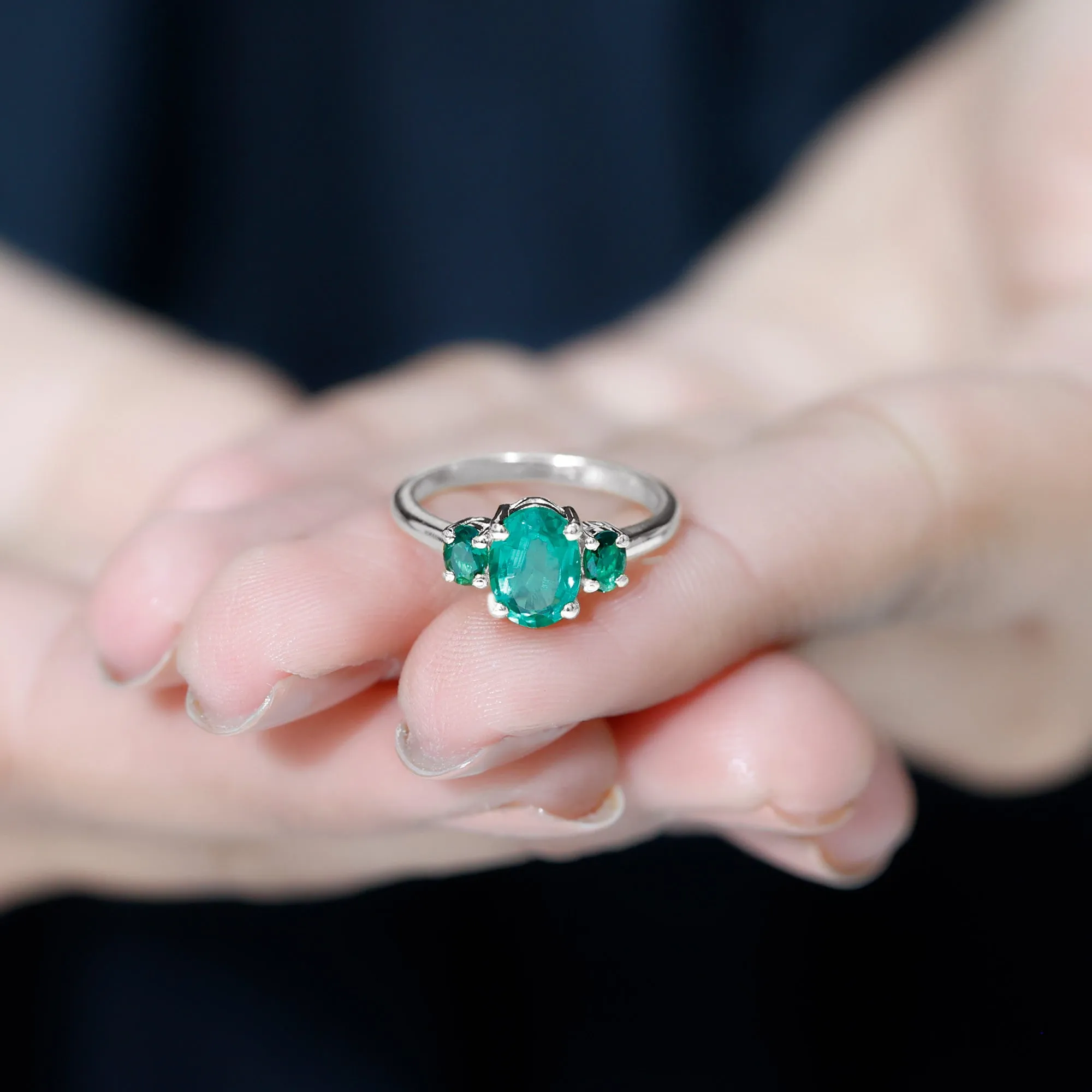 Oval Shape Lab Grown Emerald Three Stone Engagement Ring