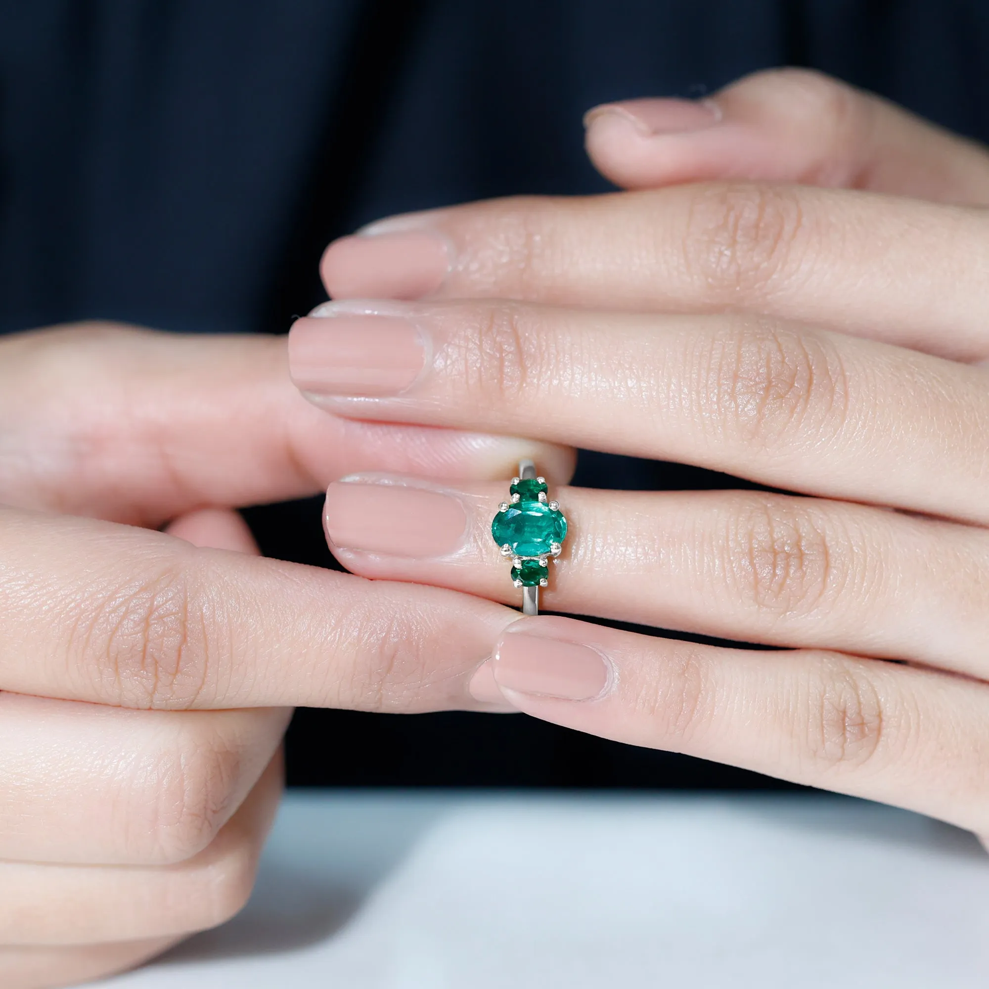 Oval Shape Lab Grown Emerald Three Stone Engagement Ring