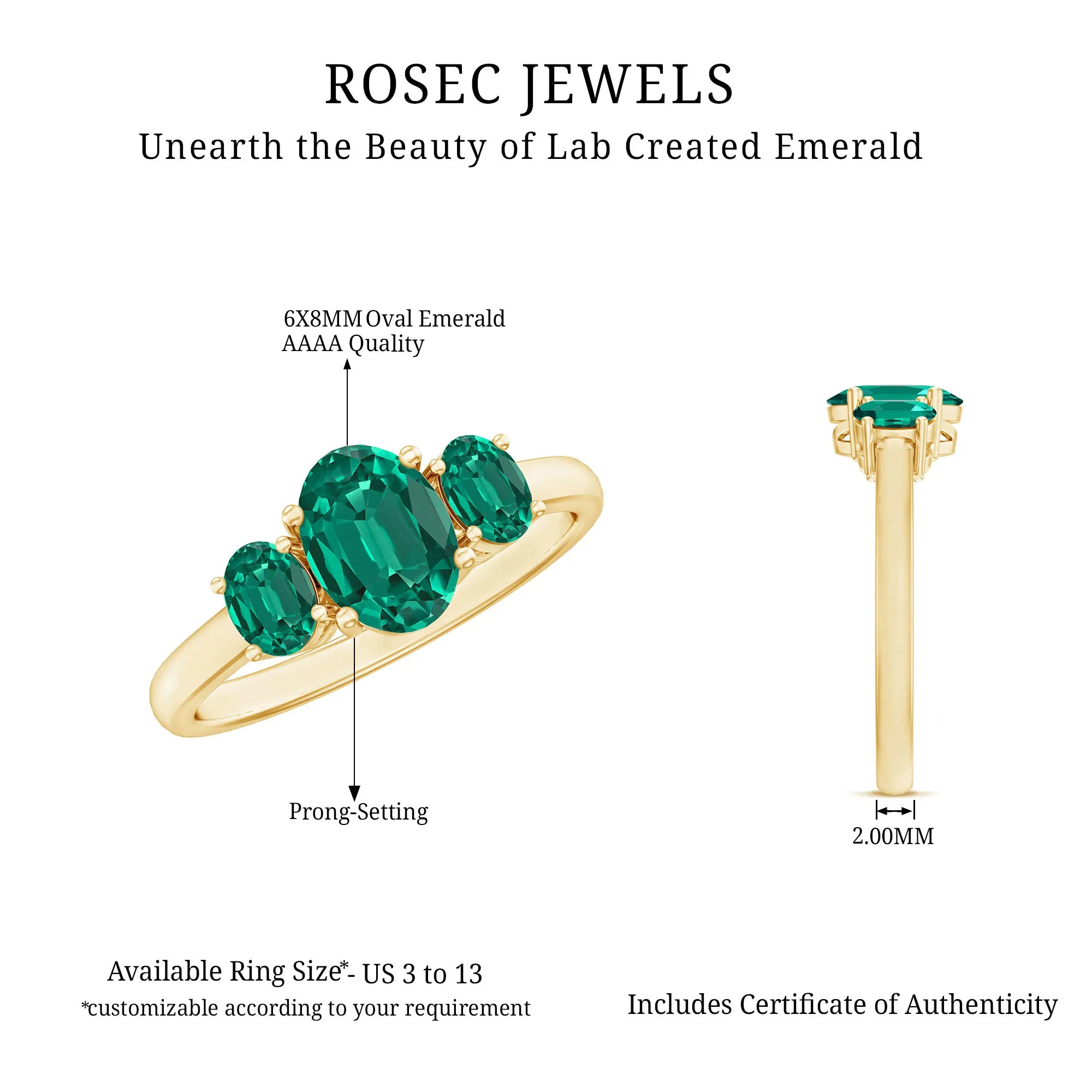 Oval Shape Lab Grown Emerald Three Stone Engagement Ring