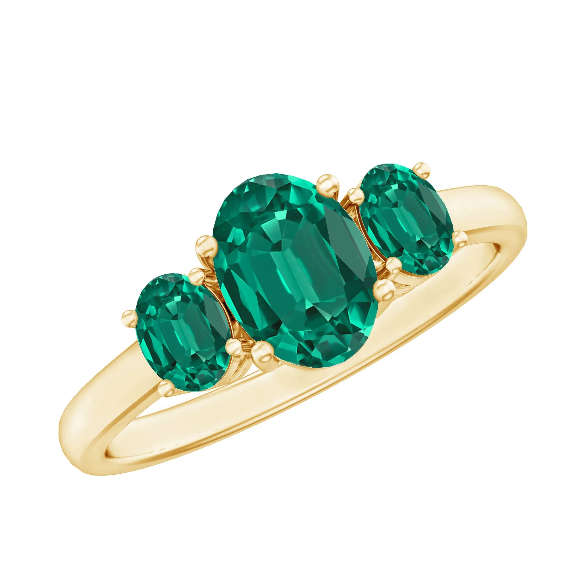 Oval Shape Lab Grown Emerald Three Stone Engagement Ring