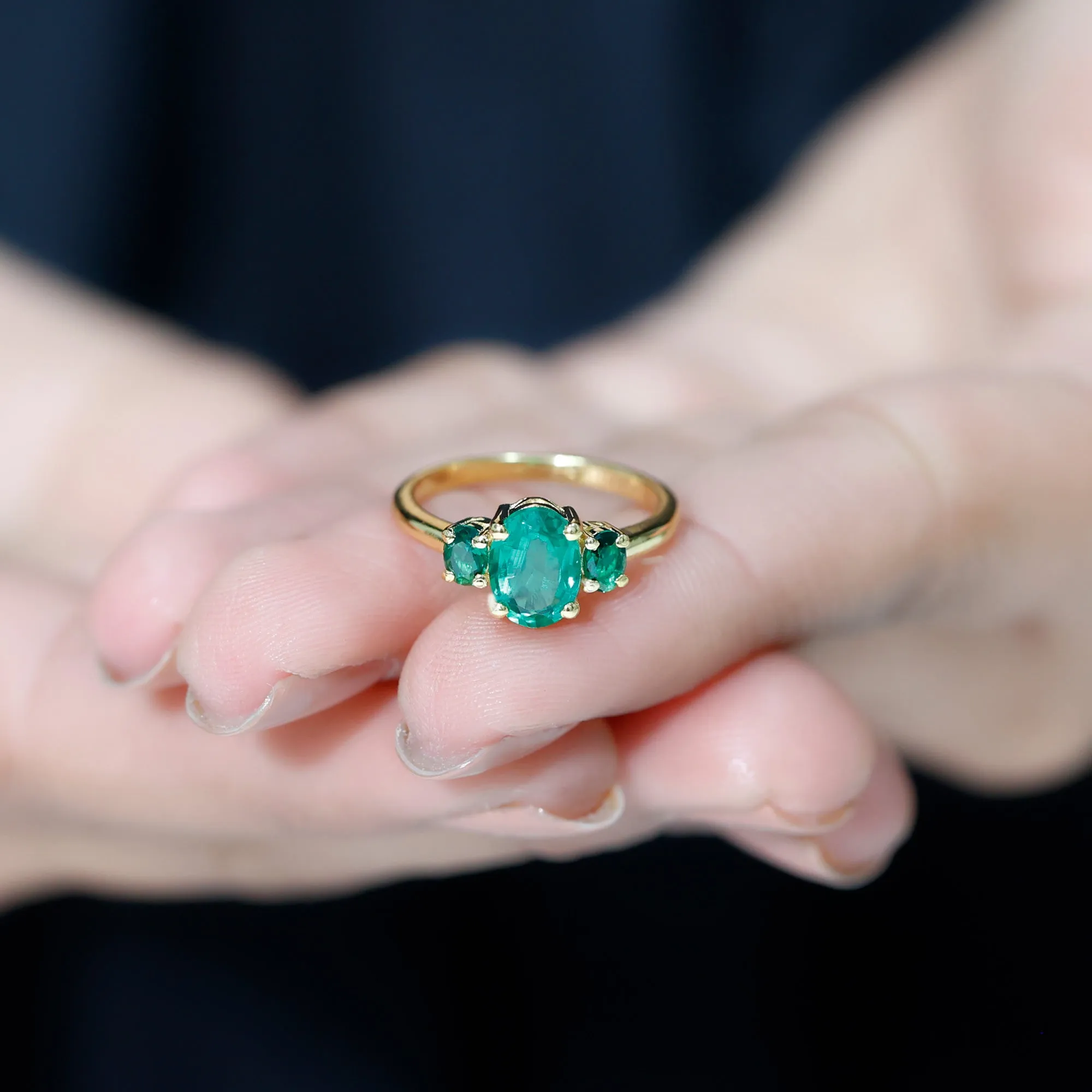 Oval Shape Lab Grown Emerald Three Stone Engagement Ring