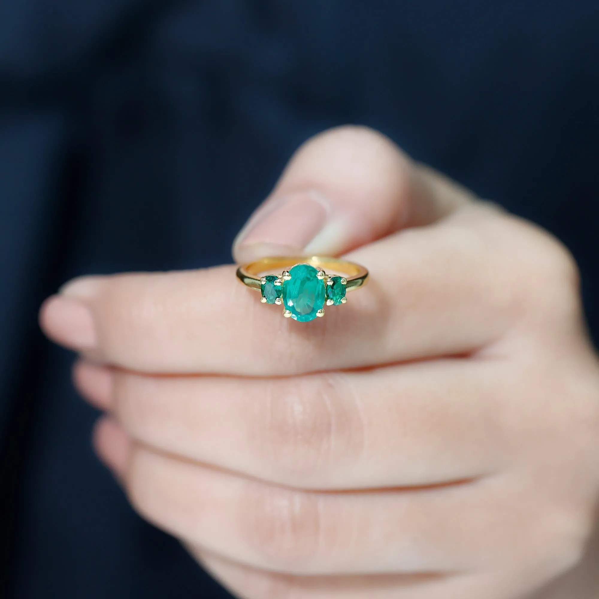 Oval Shape Lab Grown Emerald Three Stone Engagement Ring