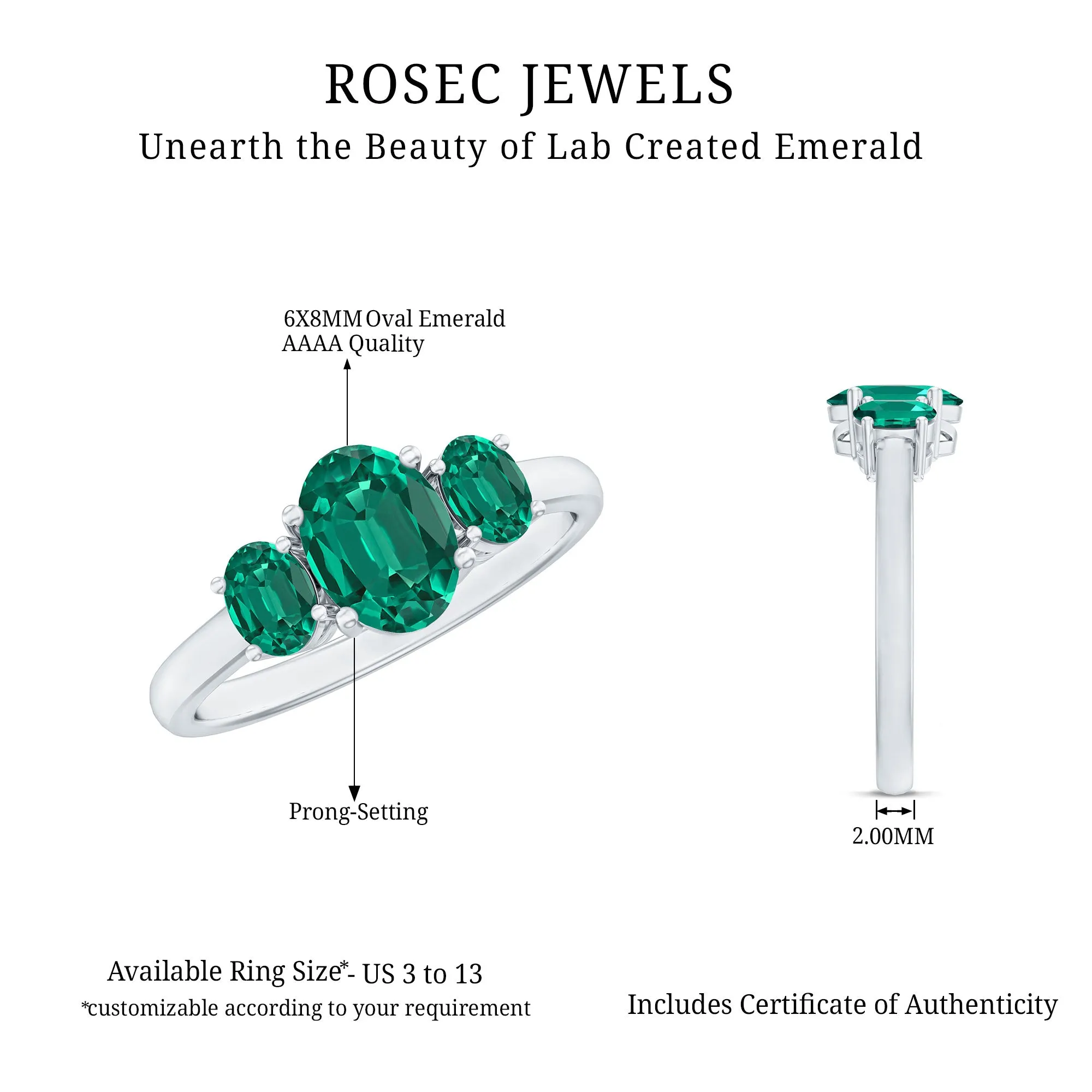 Oval Shape Lab Grown Emerald Three Stone Engagement Ring
