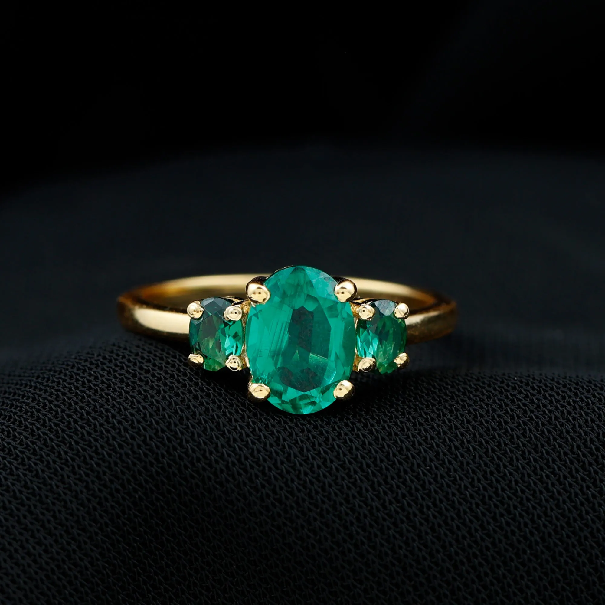 Oval Shape Lab Grown Emerald Three Stone Engagement Ring
