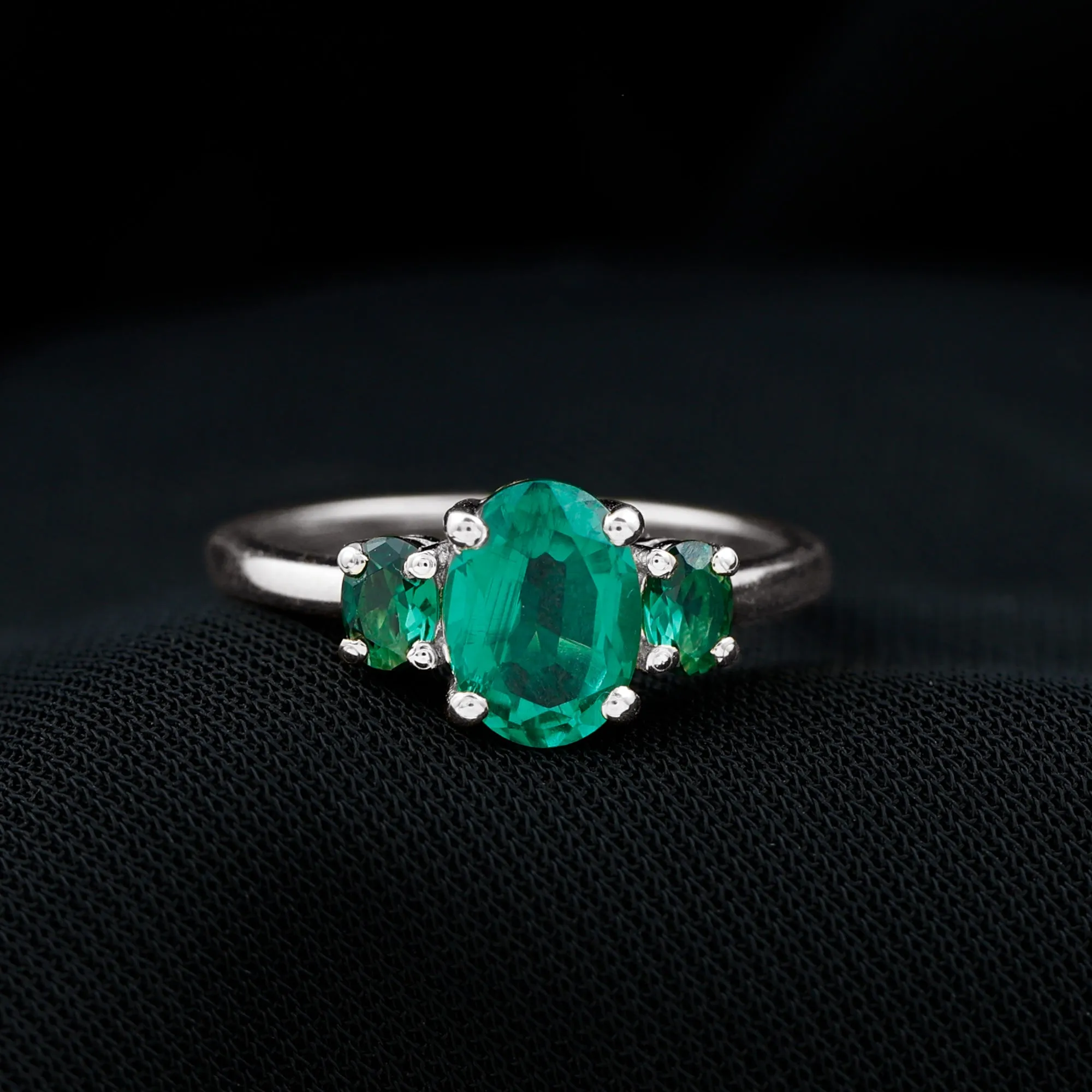 Oval Shape Lab Grown Emerald Three Stone Engagement Ring