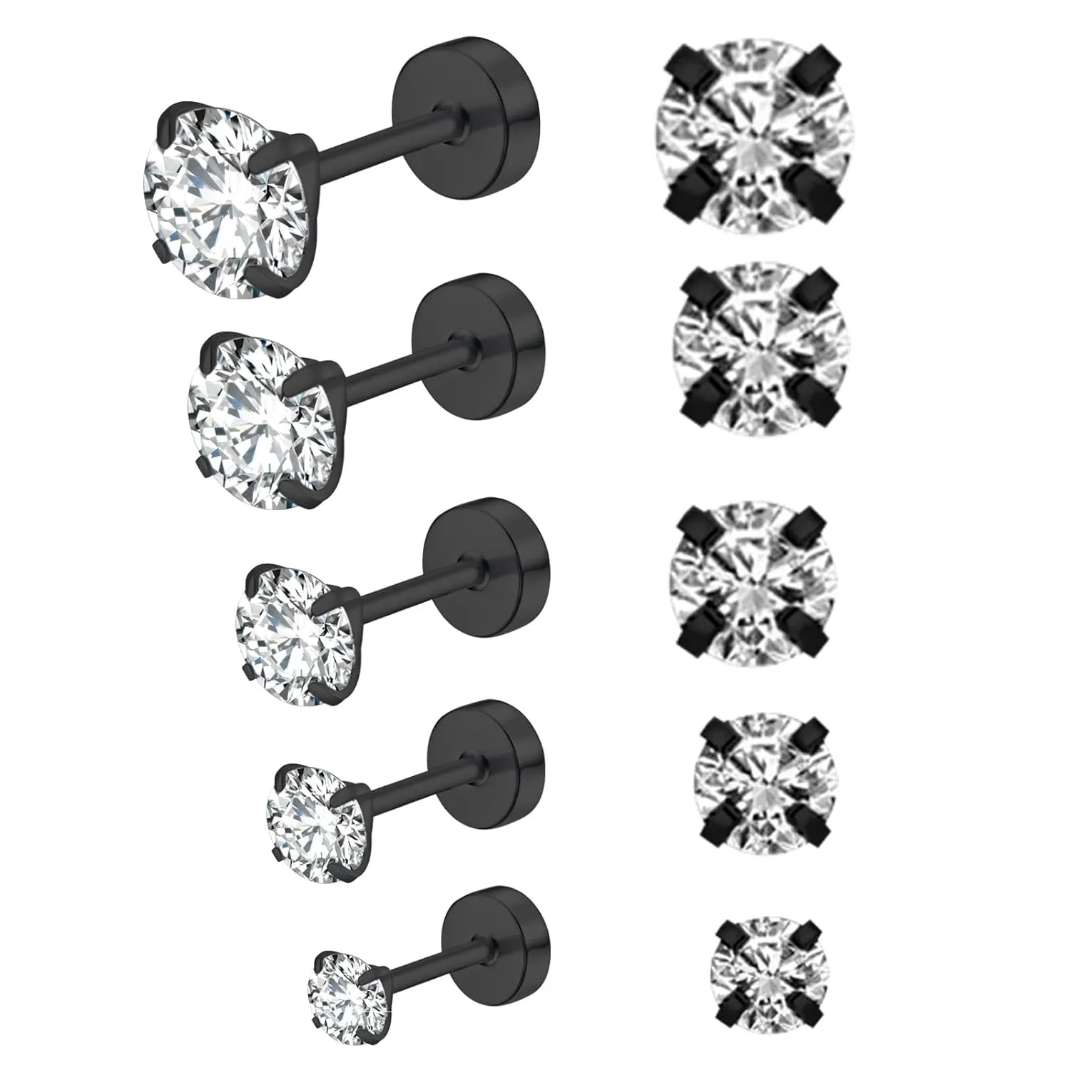 Pack of Screw Back Cubic Zirconia Earrings Studs 3MM/4MM/5MM/6MM/8MM,Titanium Screw Back Stud Earrings Hypoallergenic for Men Women Birthday Anniversar (black)