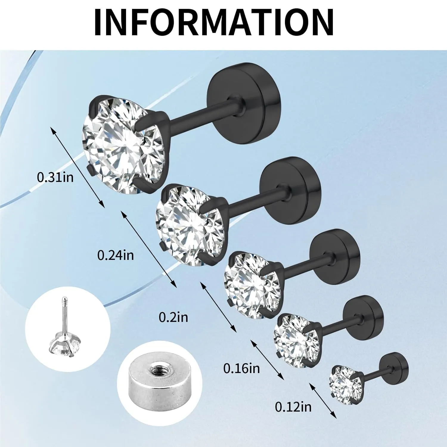 Pack of Screw Back Cubic Zirconia Earrings Studs 3MM/4MM/5MM/6MM/8MM,Titanium Screw Back Stud Earrings Hypoallergenic for Men Women Birthday Anniversar (black)