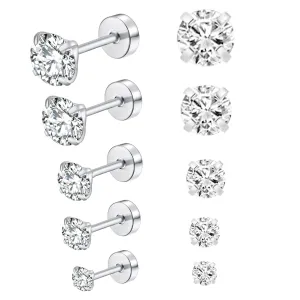 Pack of Screw Back Cubic Zirconia Earrings Studs 3MM/4MM/5MM/6MM/8MM,Titanium Screw Back Stud Earrings Hypoallergenic for Men Women Birthday Anniversar (silver)