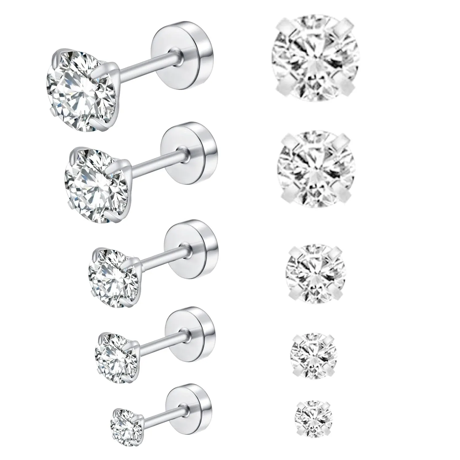 Pack of Screw Back Cubic Zirconia Earrings Studs 3MM/4MM/5MM/6MM/8MM,Titanium Screw Back Stud Earrings Hypoallergenic for Men Women Birthday Anniversar (silver)