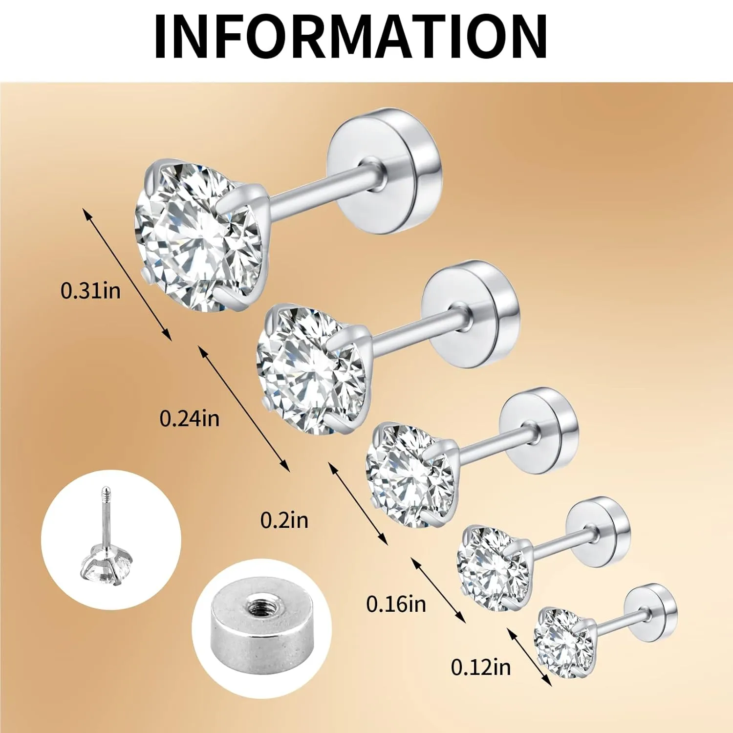 Pack of Screw Back Cubic Zirconia Earrings Studs 3MM/4MM/5MM/6MM/8MM,Titanium Screw Back Stud Earrings Hypoallergenic for Men Women Birthday Anniversar (silver)
