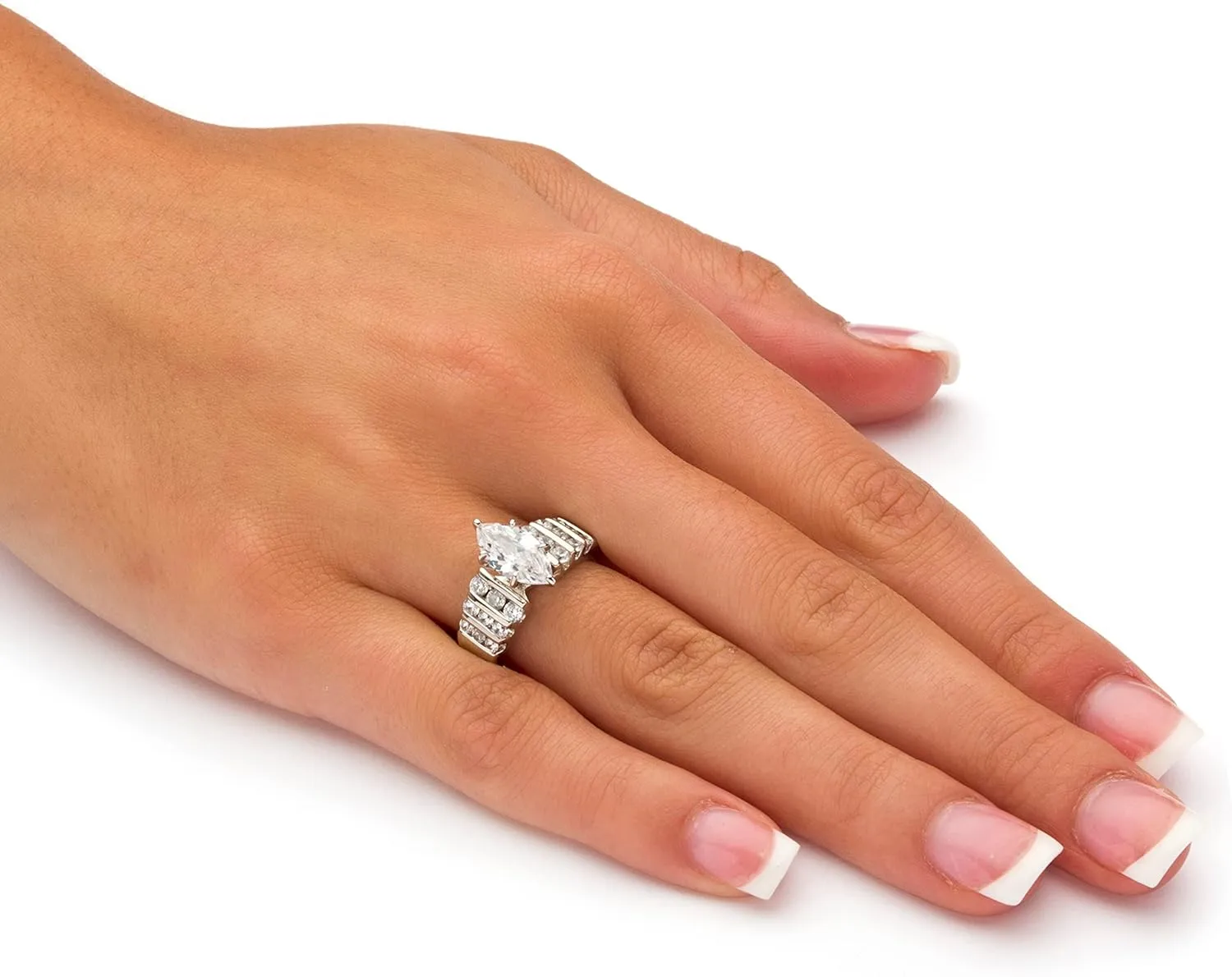 Palm Beach Jewelry Platinum-Plated .925 Sterling Silver Marquise Cut Cubic Zirconia Engagement Ring