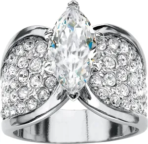 PalmBeach Platinum-Plated Marquise Cut Cubic Zirconia and Round Simulated Crystals Engagement Ring Sizes 7-12