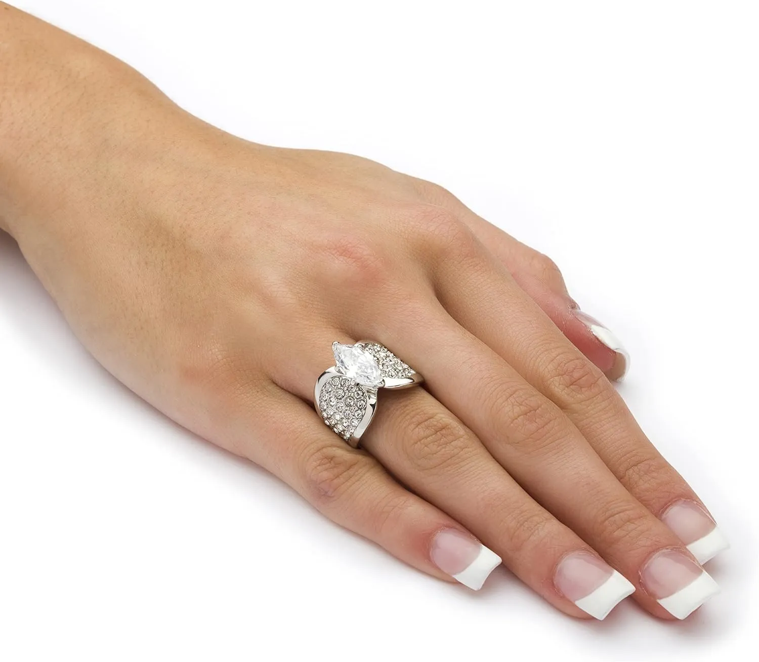 PalmBeach Platinum-Plated Marquise Cut Cubic Zirconia and Round Simulated Crystals Engagement Ring Sizes 7-12