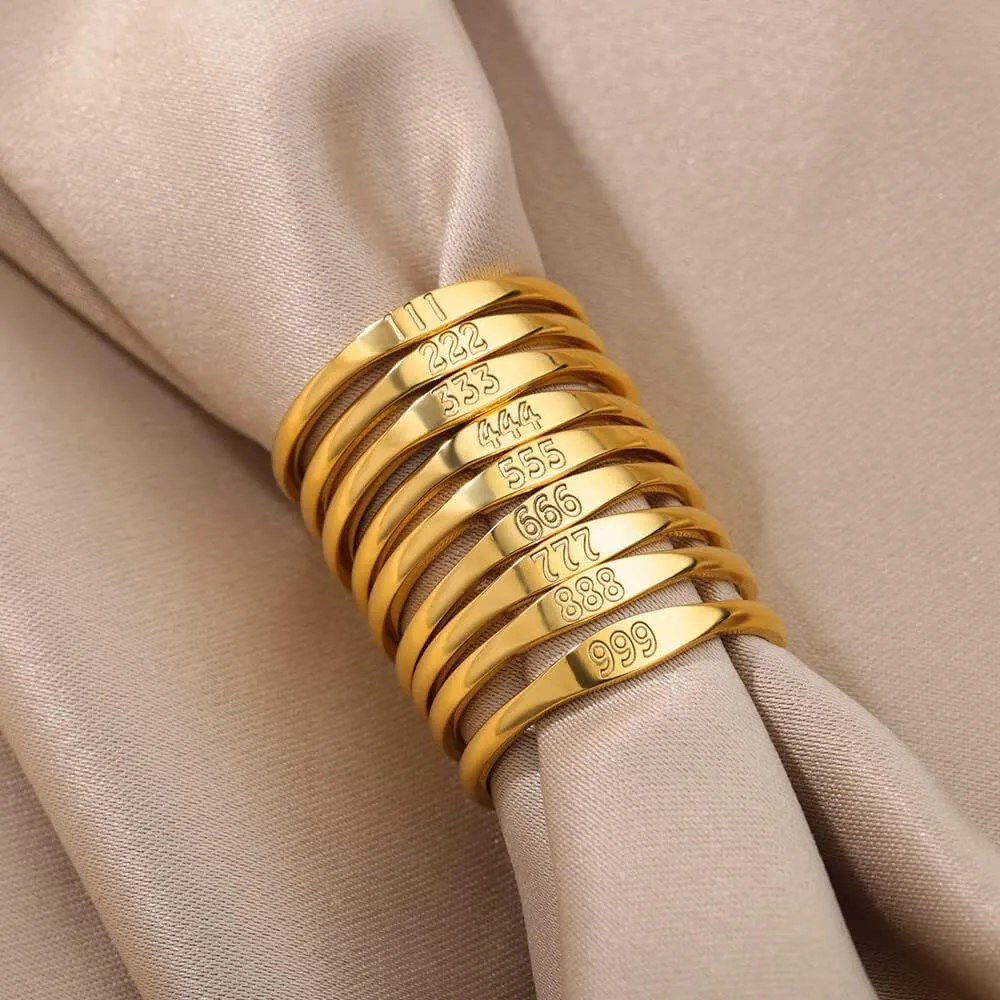 PAMTIER Women's Stainless Steel Angel Number Ring Gold Dainty Personalized Numerology Signet Ring for Her