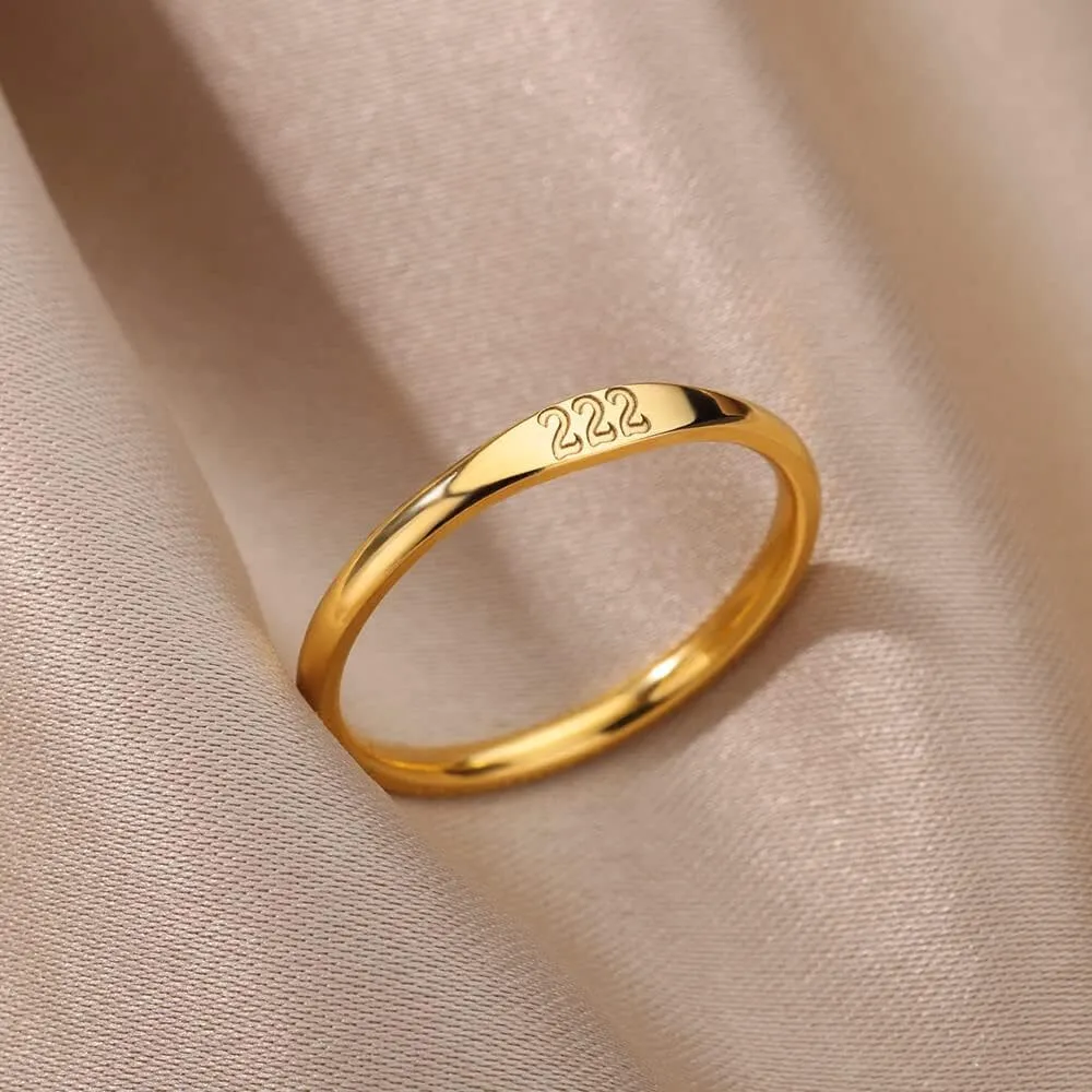 PAMTIER Women's Stainless Steel Angel Number Ring Gold Dainty Personalized Numerology Signet Ring for Her