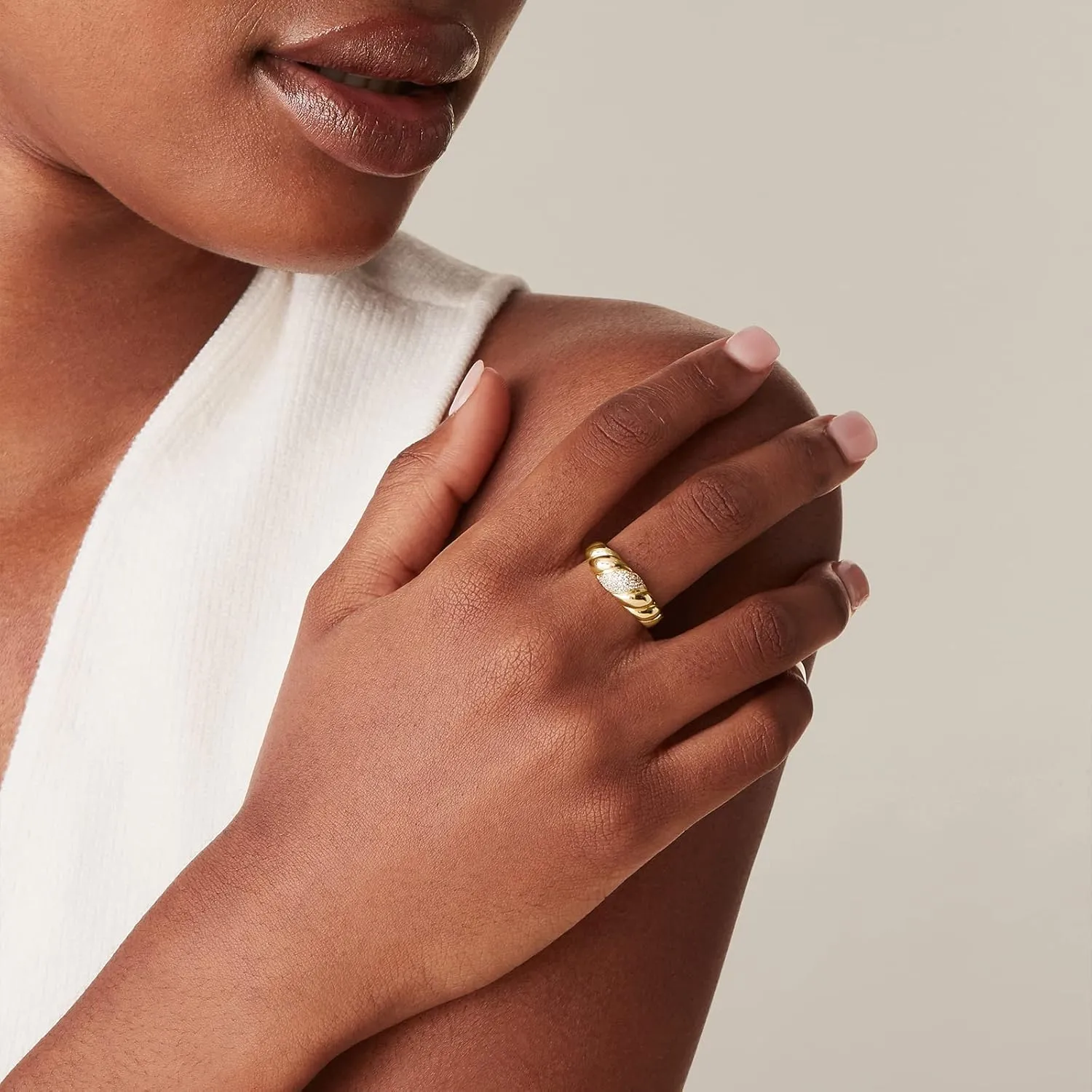 PAVOI 14K Gold Plated Croissant Dome Ring - Twisted Braided Gold Plated - Chunky Signet Ring for Women