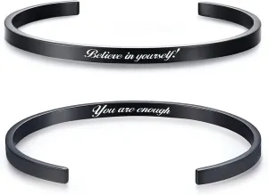 Personalized Cuff Bangle Bracelet: Polished Stainless Steel Various Inspirational Quote Bracelets Free Custom Engrave Name Mantra Text Minimalist Open Bangle Cuff for Men Women,10MM Width,Black