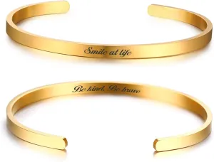Personalized Cuff Bangle Bracelet: Polished Stainless Steel Various Inspirational Quote Bracelets Free Custom Engrave Name Mantra Text Minimalist Open Bangle Cuff for Men Women,6MM Width,Gold