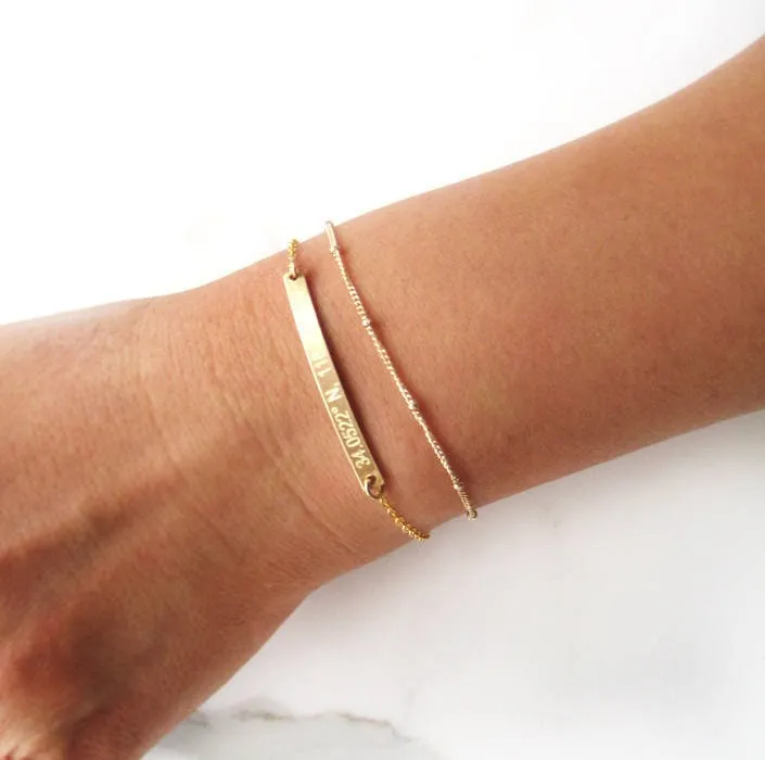 Personalized Minimalist Gold Bar Bracelet Set - Satellite Chain. (14 karat Solid Gold) - CG411B_58. Starts at
