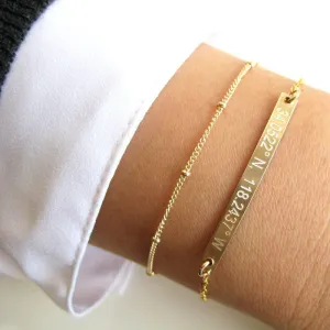 Personalized Minimalist Gold Bar Bracelet Set - Satellite Chain. (14 karat Solid Gold) - CG411B_58. Starts at