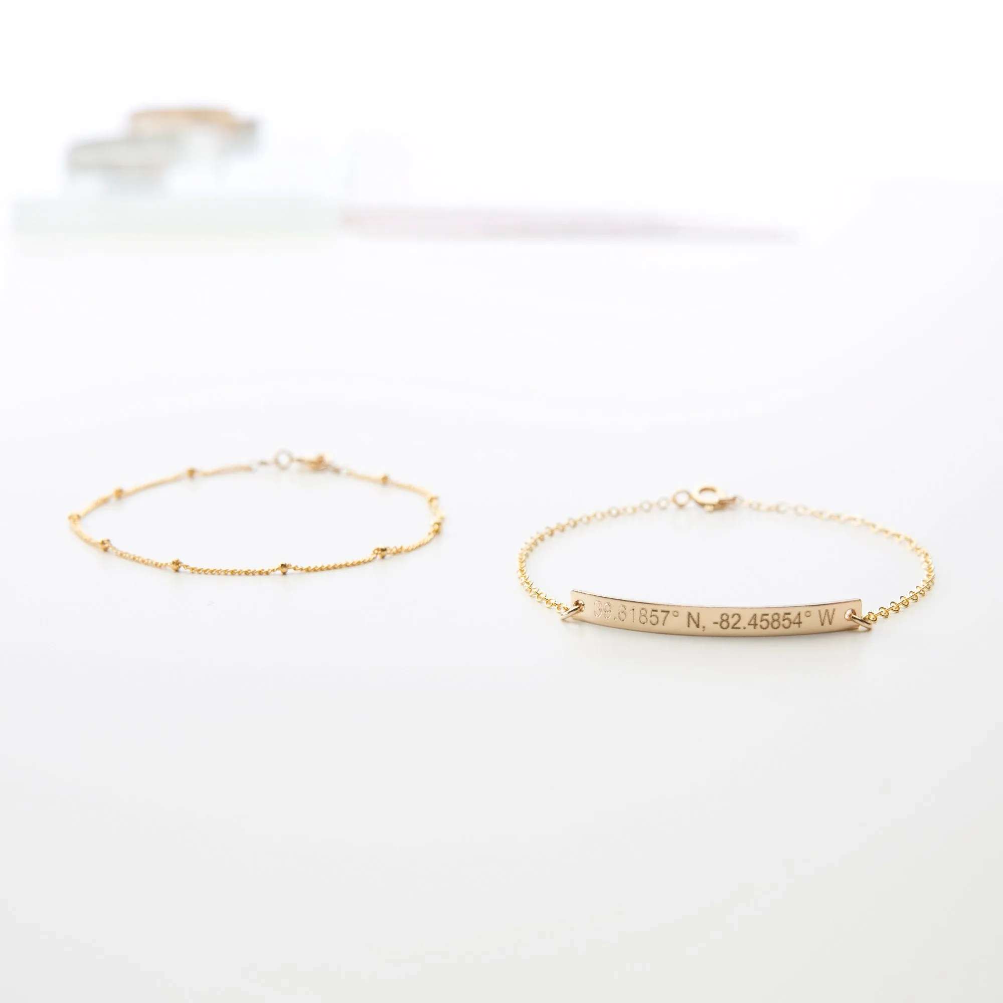 Personalized Minimalist Gold Bar Bracelet Set - Satellite Chain. (14 karat Solid Gold) - CG411B_58. Starts at