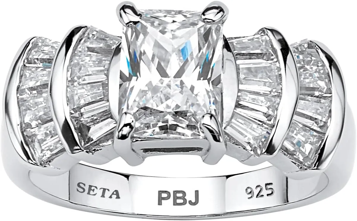 Platinum over Sterling Silver Emerald Cut and Baguette Cubic Zirconia Step Top Engagement Ring