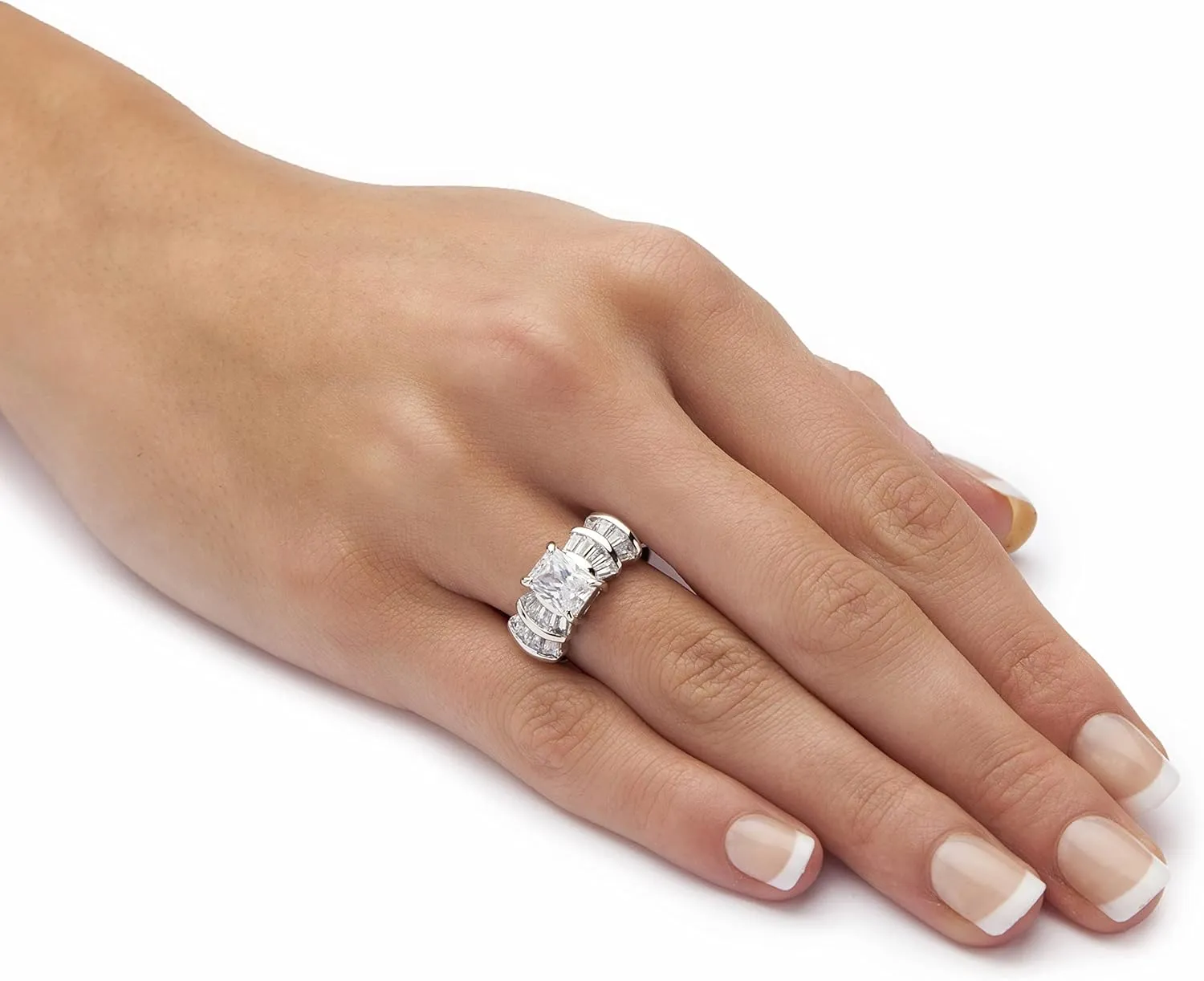 Platinum over Sterling Silver Emerald Cut and Baguette Cubic Zirconia Step Top Engagement Ring