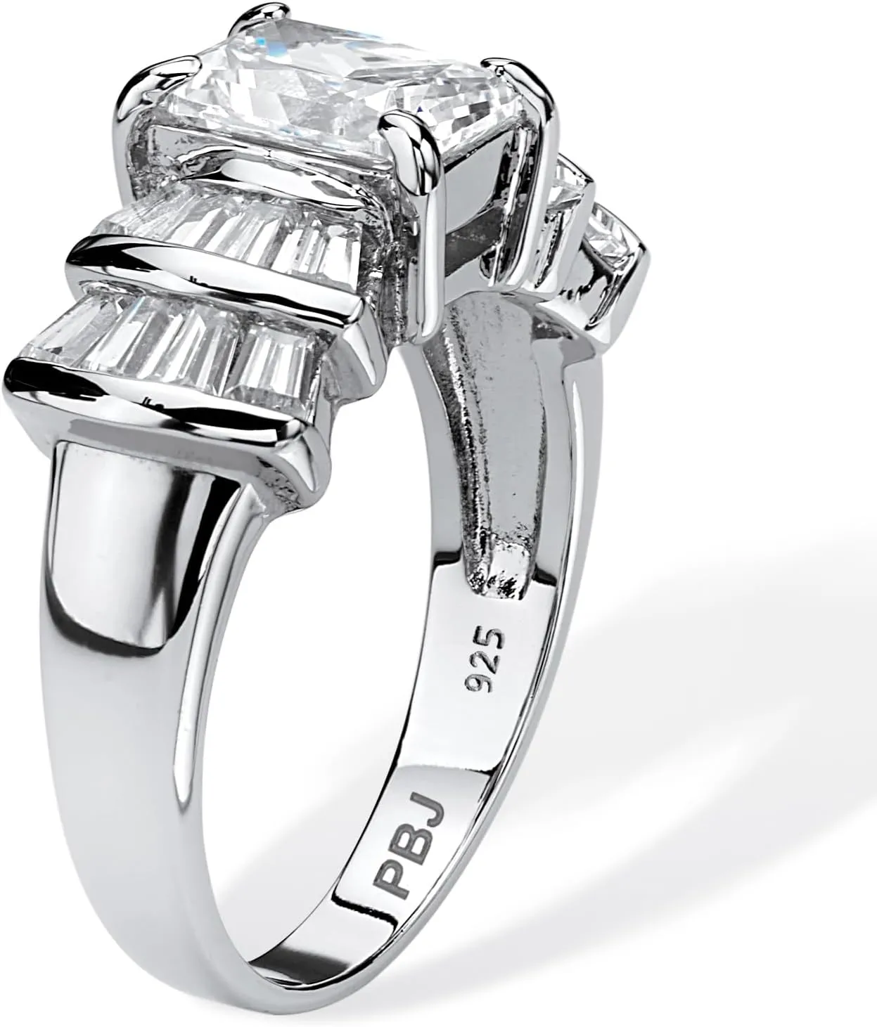 Platinum over Sterling Silver Emerald Cut and Baguette Cubic Zirconia Step Top Engagement Ring