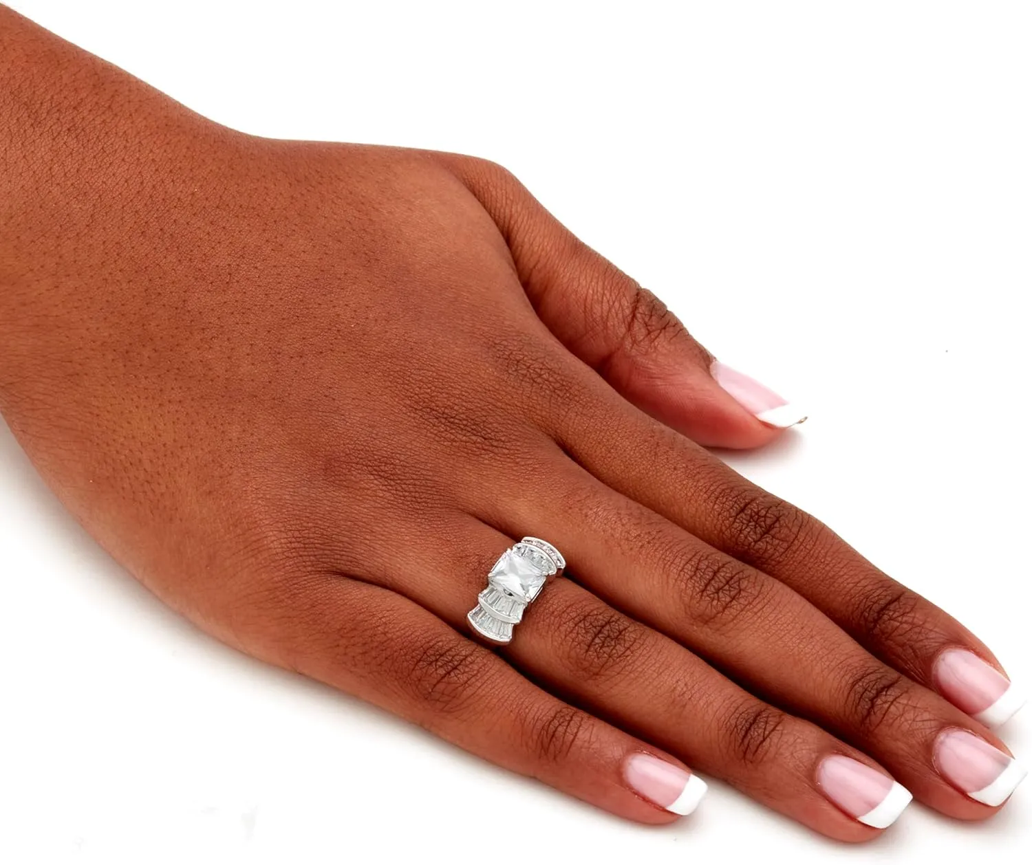 Platinum over Sterling Silver Emerald Cut and Baguette Cubic Zirconia Step Top Engagement Ring