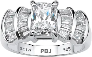 Platinum over Sterling Silver Emerald Cut and Baguette Cubic Zirconia Step Top Engagement Ring