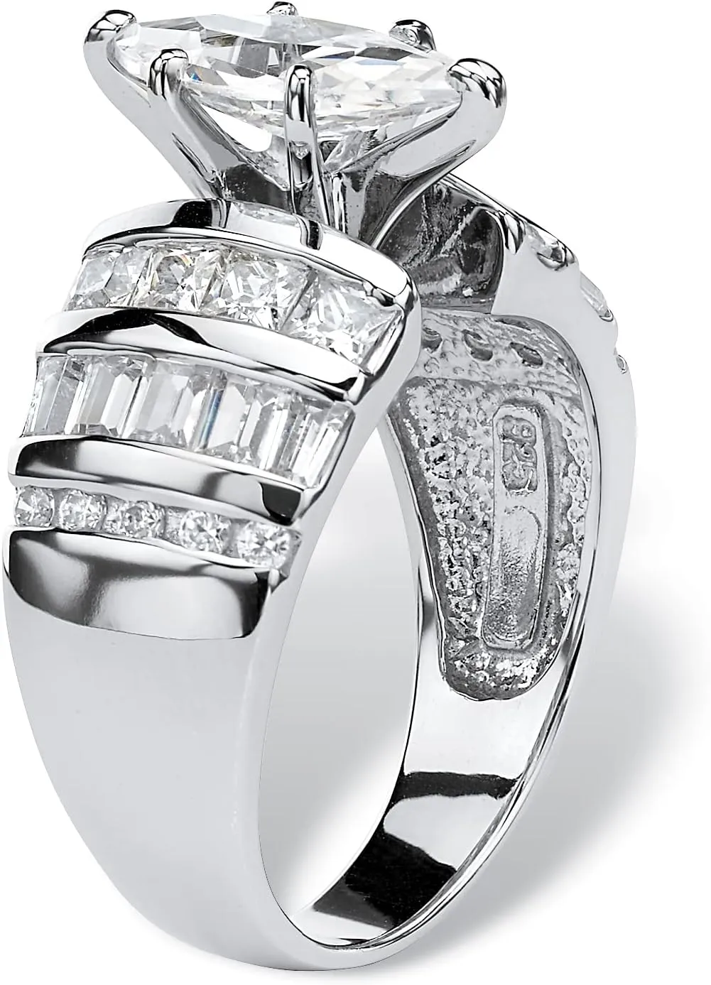 Platinum over Sterling Silver Marquise Cut Cubic Zirconia Channel Set Engagement Ring