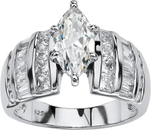 Platinum over Sterling Silver Marquise Cut Cubic Zirconia Channel Set Engagement Ring