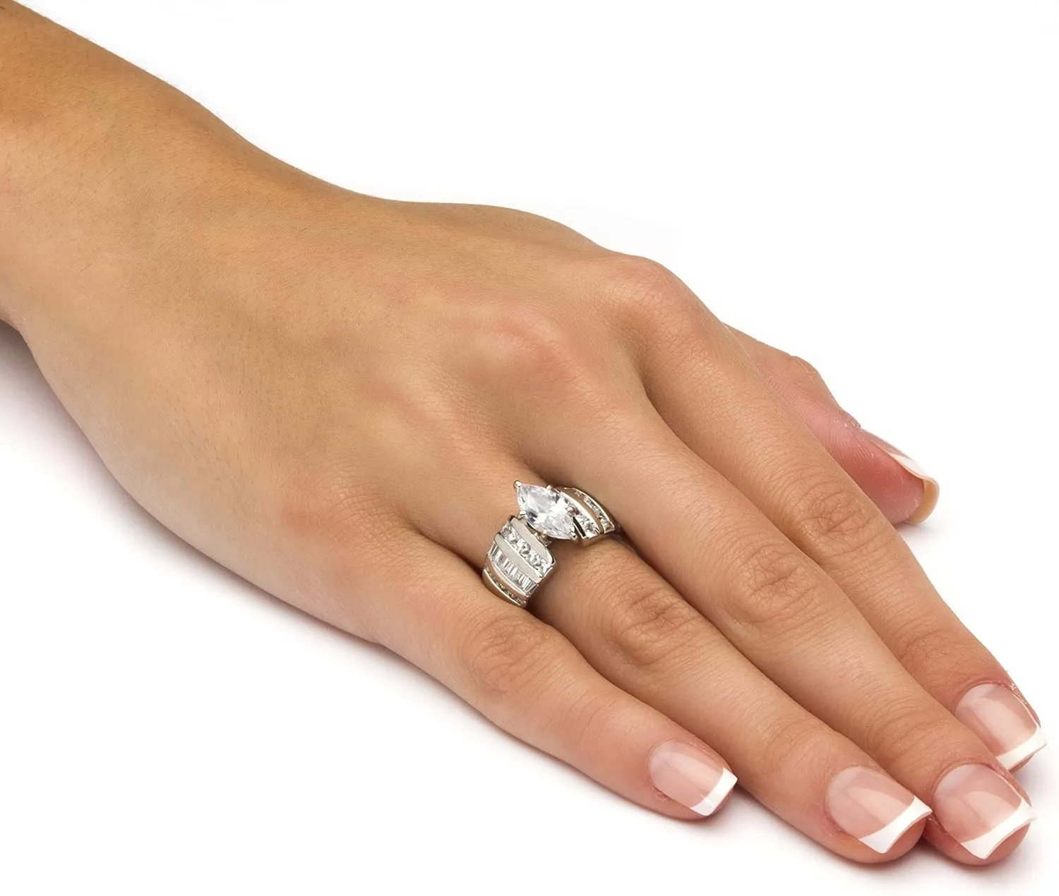 Platinum over Sterling Silver Marquise Cut Cubic Zirconia Channel Set Engagement Ring