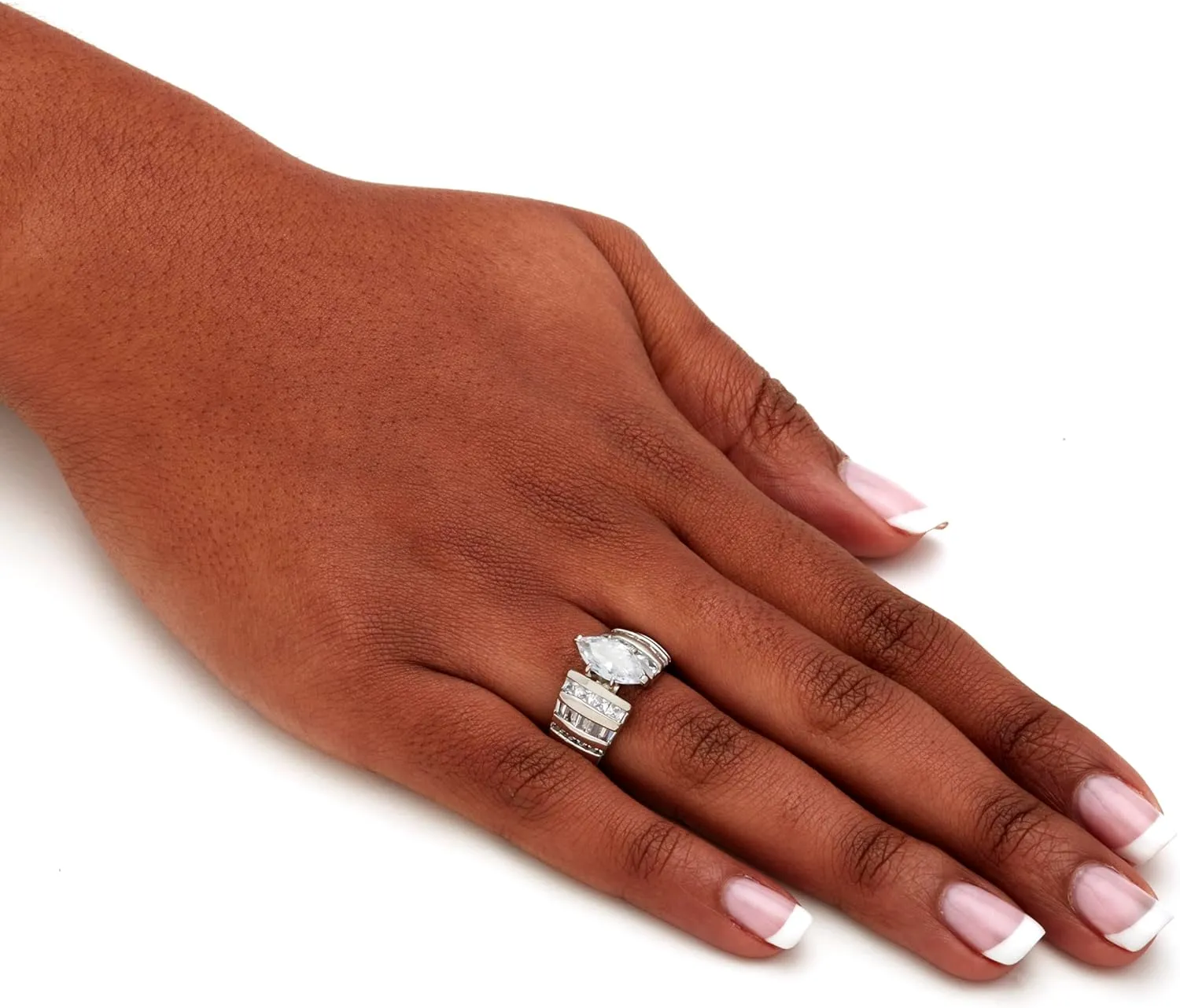 Platinum over Sterling Silver Marquise Cut Cubic Zirconia Channel Set Engagement Ring