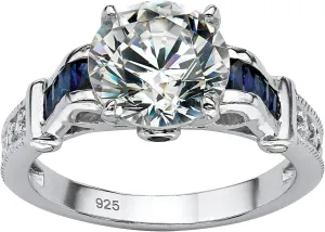 Platinum over Sterling Silver Round Cubic Zirconia and Created Blue Sapphire Engagement Ring